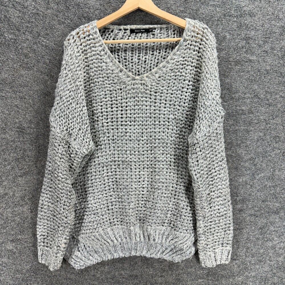 Doe & Rae Sweater Pullover Women M Medium Gray V-Neck Knit Long Sleeve Acrylic